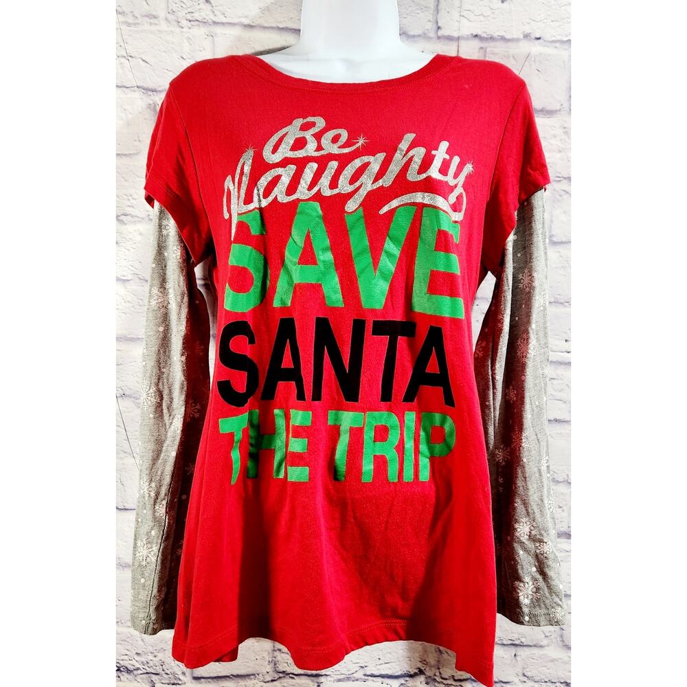 Wound Up Red Gray Be Naughty Save Santa A Trip Top XL 15 17 Layered Soft